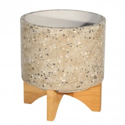 Mosaic Round Cement Planter on Wooden Stand, Medium, Beige and Brown
