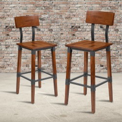 2 Pack Rustic Antique Walnut Industrial Wood Dining Barstool