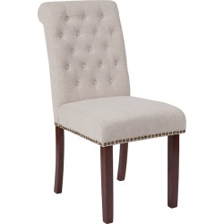 HERCULES Series Beige Fabric Parsons Chair with Rolled Back, Accent Nail Trim and Walnut Finish
