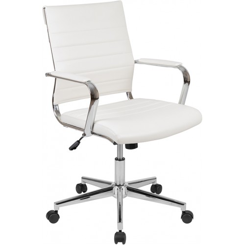 Mid-Back White LeatherSoft Contemporary Ribbed Executive Swivel Office Chair